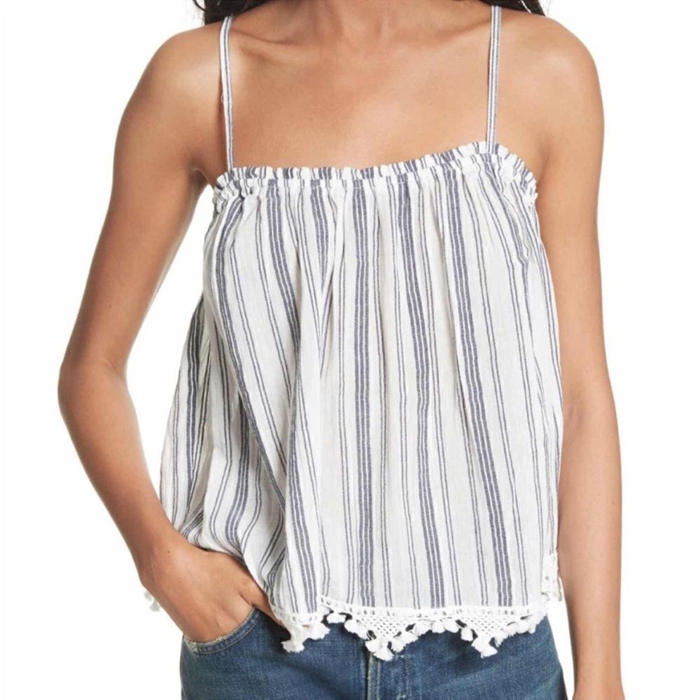 NWOT Joie Andoche Blue & White Stripe Camisole Pom Pom Fringe Tank Size: XS - Picture 2 of 12